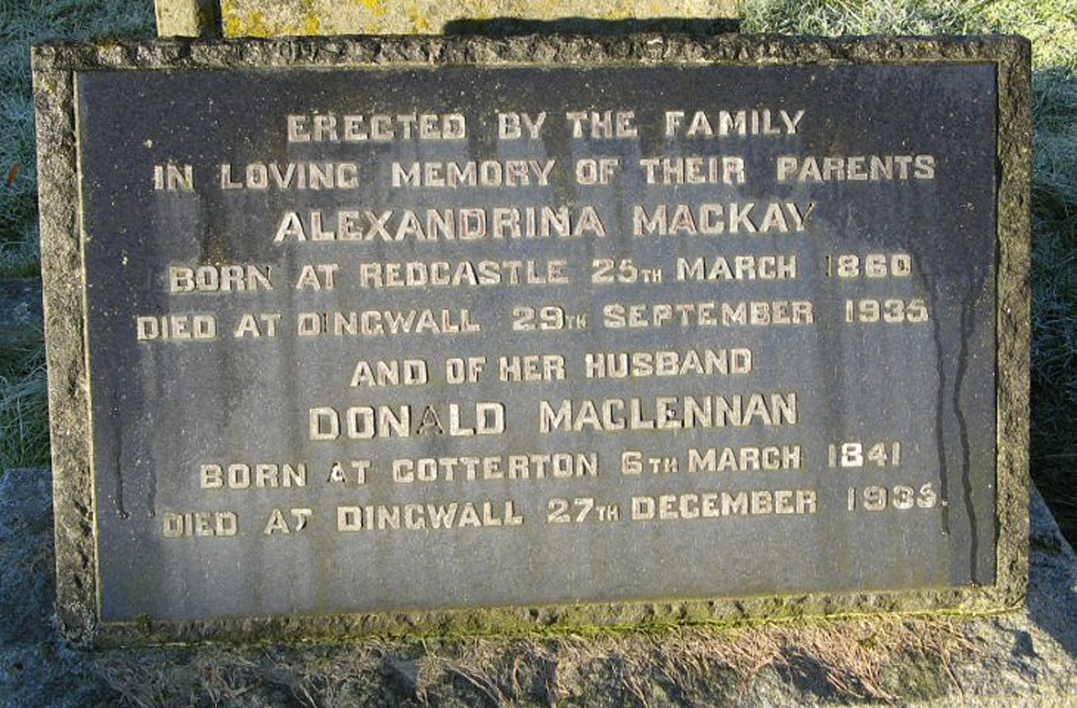 Photo of headstones/Donald & Alexandrina  (nee MacKay) MacLennan died 1935 MI Killearnan